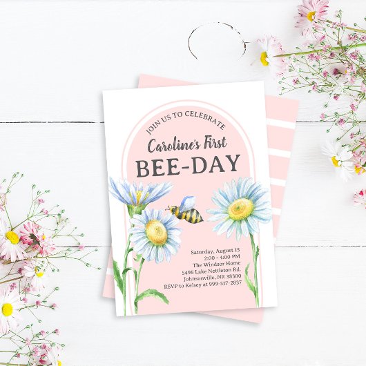 Pink Bee-Day Birthday Invitation with Daisies