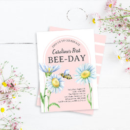 Pink Bee-Day Birthday Invitation with Daisies Kaart