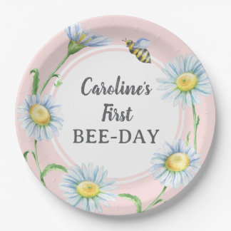 Pink Bee-Day Birthday Paper Plates with Daisies Papieren Bordje