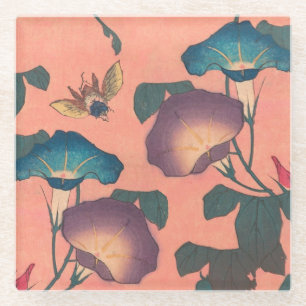 Pink Bee Flower Classic Hokusai Art Glazen Onderzetter