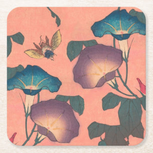 Pink Bee Flower Classic Hokusai Art Vierkante Kartonnen Onderzetter