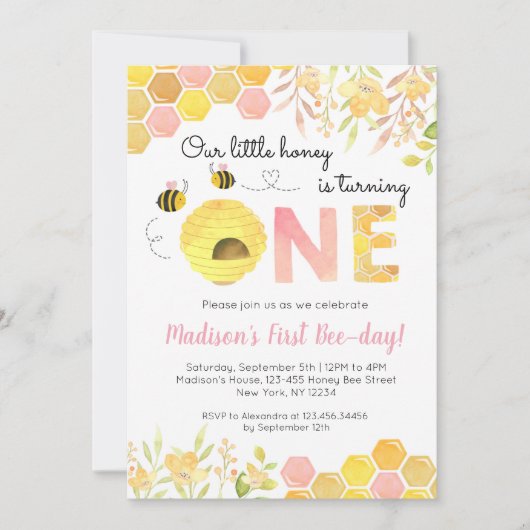 Pink Bee Premières invitations de fête d'anniversa (Devant)