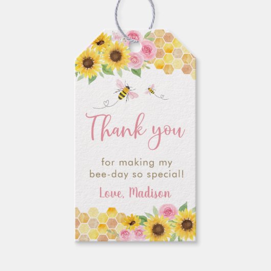 Pink Bee Sunflower Verjaardag Dank u Cadeaulabel (Voorkant)