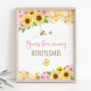 Pink Bee Sunflower Verjaardag Raad hoeveel spel Poster