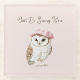 Pink Beret Brown White Owl Be Seeing You Glazen Onderzetter