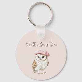 Pink Beret Brown White Owl Be Seeing You Sleutelhanger