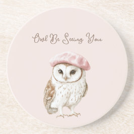 Pink Beret Brown White Owl Be Seeing You Zandsteen Onderzetter