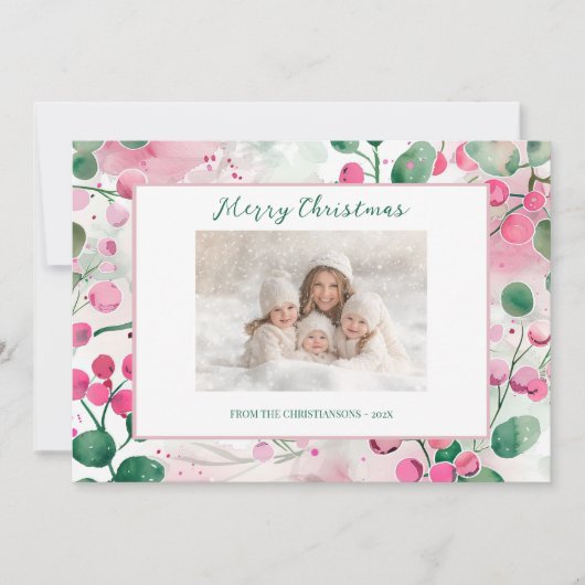 Pink Berries Floral Photo Carte de Noël (Devant)