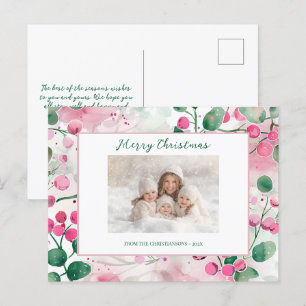 Pink Berries Floral Photo Noël Carte postale