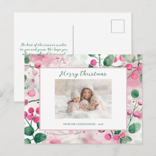 Pink Berries Floral Photo Noël Carte postale (Devant / Derrière)