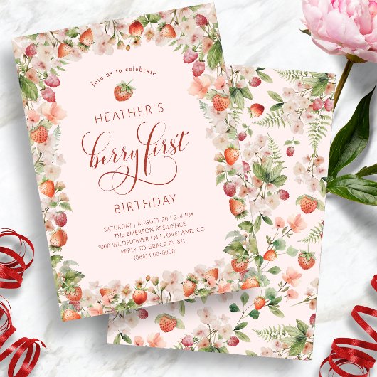 Pink Berry Eerste Verjaardag Uitnodigingen