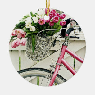 PINK "BICYCLE" MET BASKETSTROMEN KERAMISCH ORNAMENT