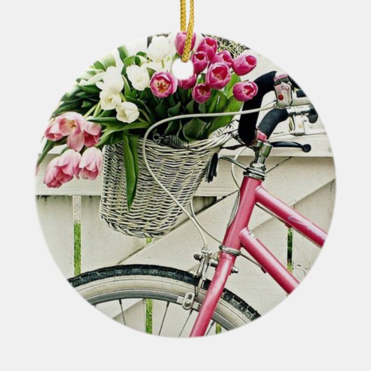 PINK "BICYCLE" MET BASKETSTROMEN KERAMISCH ORNAMENT (Voorkant)