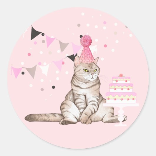 Pink Birthday Cat Party Ronde Sticker (Voorkant)