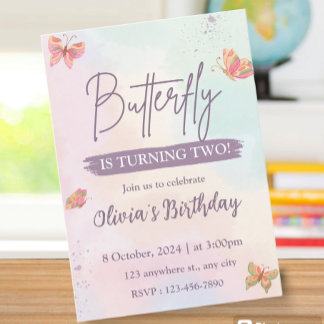 Pink Birthday Invitation Butterfly Kaart