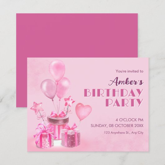 Pink Birthday Party Kaart (Voorkant / Achterkant)