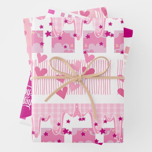 Pink Birthday Wrapping Paper Flat Sheet Set of 3 (In situ)