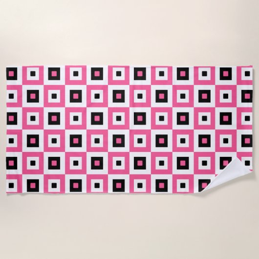 Pink Black and White Checkered Squares Pattern Strandlaken (Voorkant)