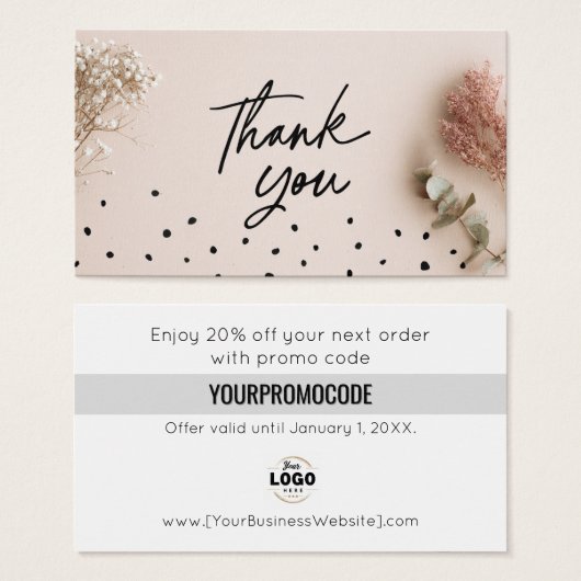 Pink Black Botanical Thank You Discount Cards (Devant & derrière)