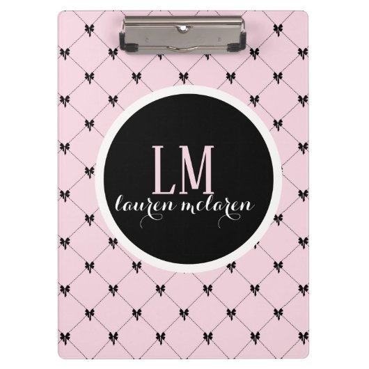 Pink & Black Bow Monogram Notebook Klembord (Voorkant)