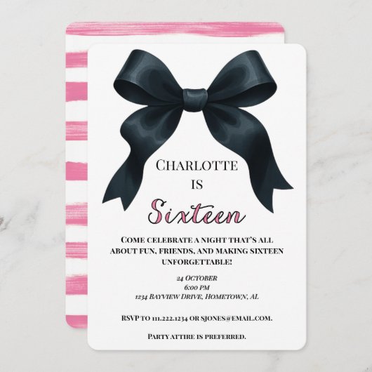 Pink Black Bow Sweet 16 Anniversaire Invitation -  (Devant / Derrière)