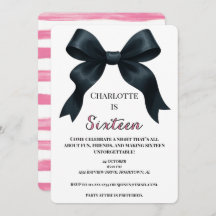Pink Black Bow Sweet 16 Anniversaire Invitation -