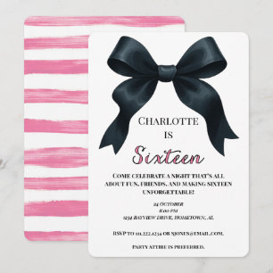Pink Black Bow Sweet 16 Anniversaire Invitation - 