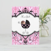 Pink Black Damask Baby Girl Douche Invitations (Debout devant)