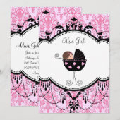 Pink Black Damask Baby Girl Douche Invitations (Devant / Derrière)
