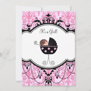 Pink Black Damask Baby Girl Douche Invitations