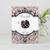 Pink Black Damask Baby Girl Douche Invitations (Debout devant)