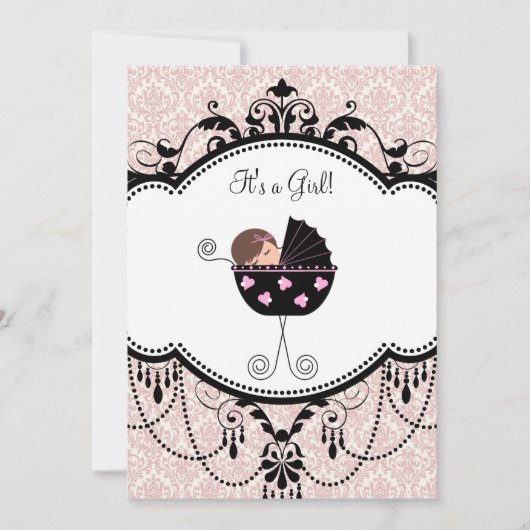 Pink Black Damask Baby Girl Douche Invitations (Devant)