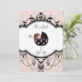 Pink Black Damask Baby Girl Douche Invitations (Debout devant)