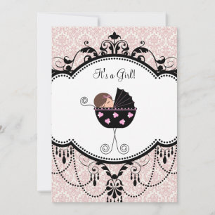 Pink Black Damask Baby Girl Douche Invitations