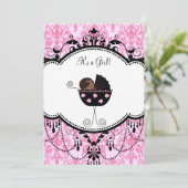 Pink Black Damask Baby Girl Douche Invitations (Debout devant)