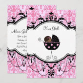 Pink Black Damask Baby Girl Douche Invitations (Devant / Derrière)