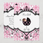 Pink Black Damask Baby Girl Douche Invitations (Devant / Derrière)