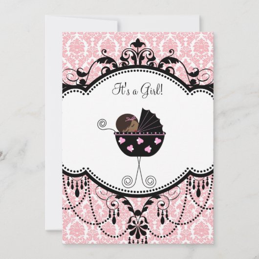 Pink Black Damask Baby Girl Douche Invitations (Devant)