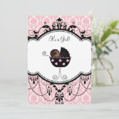 Pink Black Damask Baby Girl Douche Invitations (Debout devant)