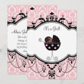 Pink Black Damask Baby Girl Douche Invitations (Devant / Derrière)