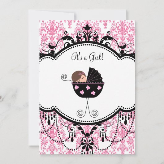 Pink Black Damask Baby Girl Douche Invitations (Devant)