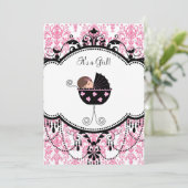 Pink Black Damask Baby Girl Douche Invitations (Debout devant)