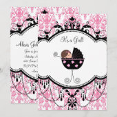 Pink Black Damask Baby Girl Douche Invitations (Devant / Derrière)