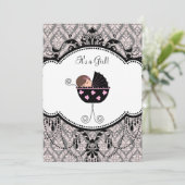 Pink Black Damask Baby Girl Douche Invitations (Debout devant)