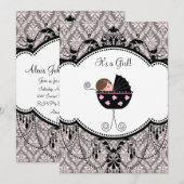 Pink Black Damask Baby Girl Douche Invitations (Devant / Derrière)