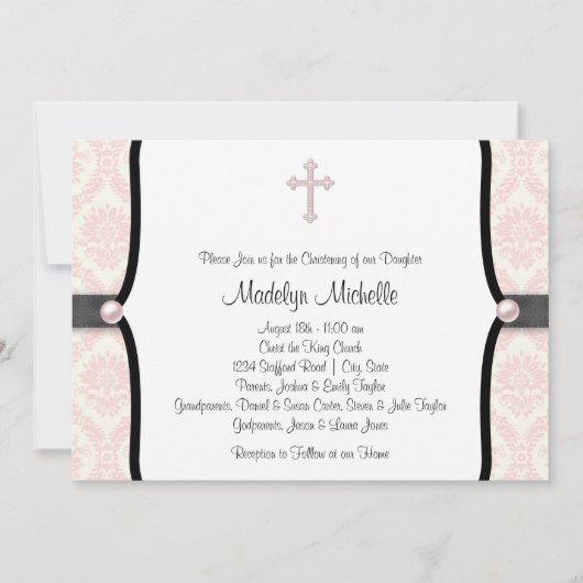 Pink Black Damask Christening Kaart (Voorkant)
