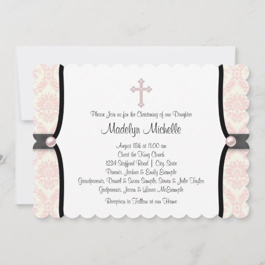 Pink Black Damask Christening Kaart (Voorkant)