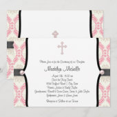 Pink Black Damask Christening Kaart (Voorkant / Achterkant)