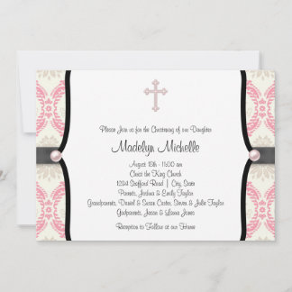 Pink Black Damask Christening Kaart
