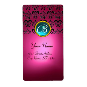 PINK BLACK DAMASK MONOGRAM, aquamarineturquase Etiket